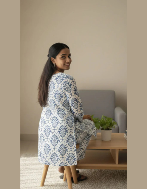 Pehraavii Women Blue & White Printed Cotton Night Suit Set