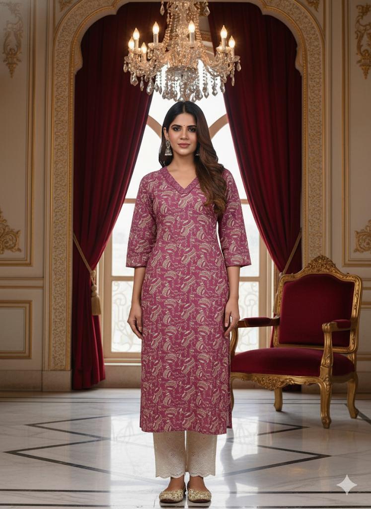 Pehraavii Women Purple Printed V-Neck Straight Kurta