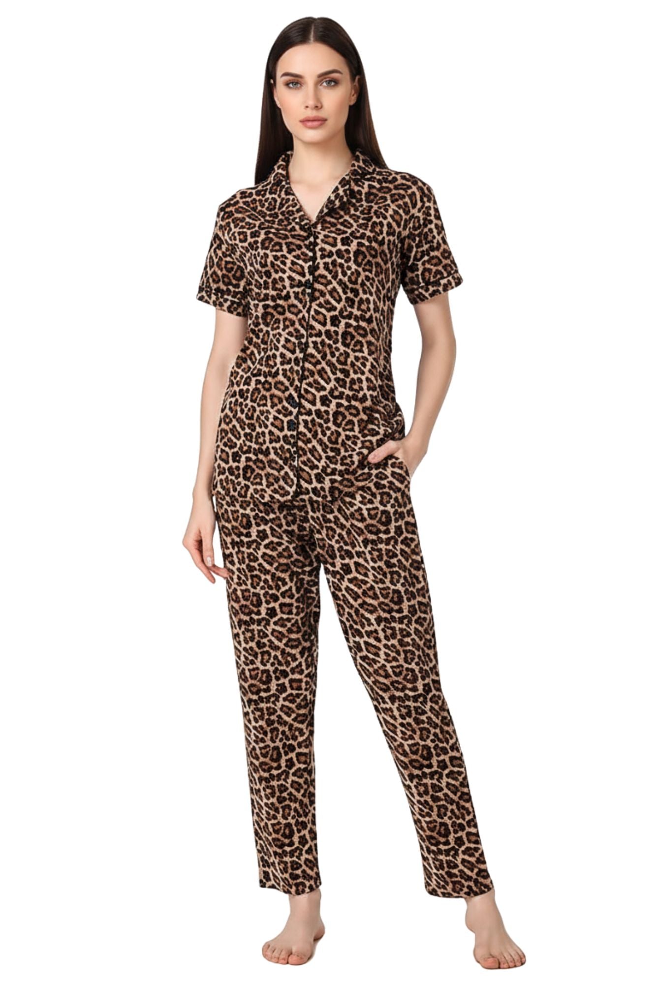 Woman wearing leopard print pajama set