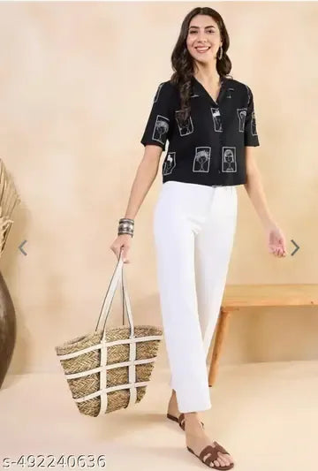 Pehraavii Women Black Printed Shirt Collar Top