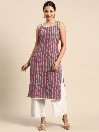 Pehraavii Women Mauve Printed Sleeveless Straight Kurta