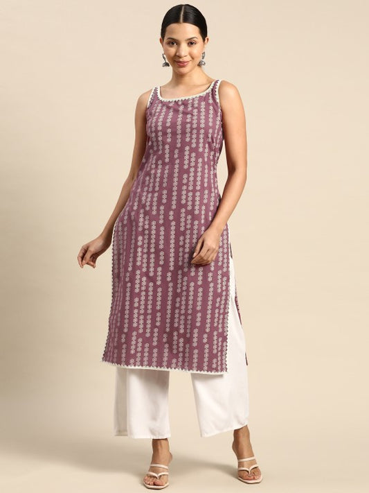 Pehraavii Women Mauve Printed Sleeveless Straight Kurta