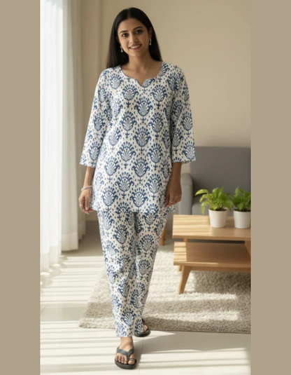 Pehraavii Women Blue & White Printed Cotton Night Suit Set