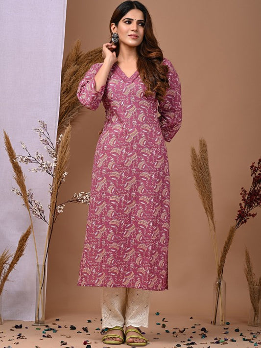 Pehraavii Women Purple Printed V-Neck Straight Kurta