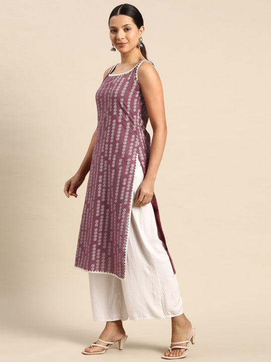Pehraavii Women Mauve Printed Sleeveless Straight Kurta