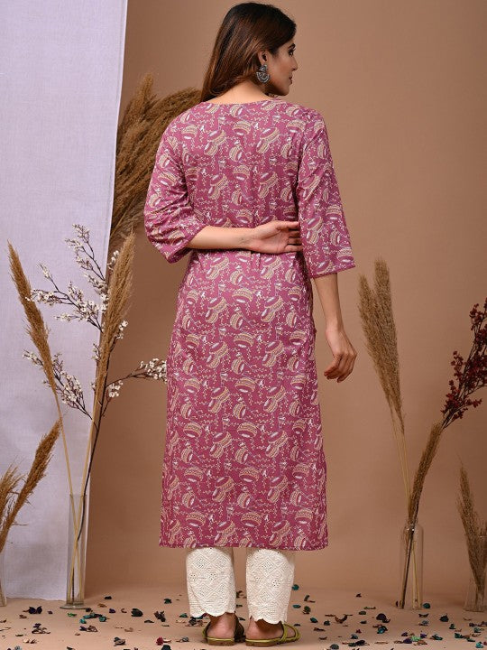 Pehraavii Women Purple Printed V-Neck Straight Kurta