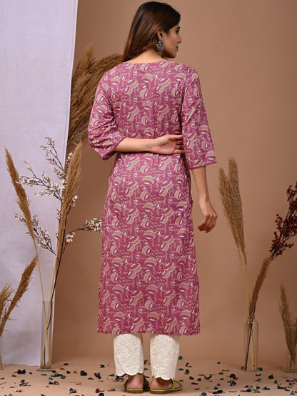 Pehraavii Women Purple Printed V-Neck Straight Kurta