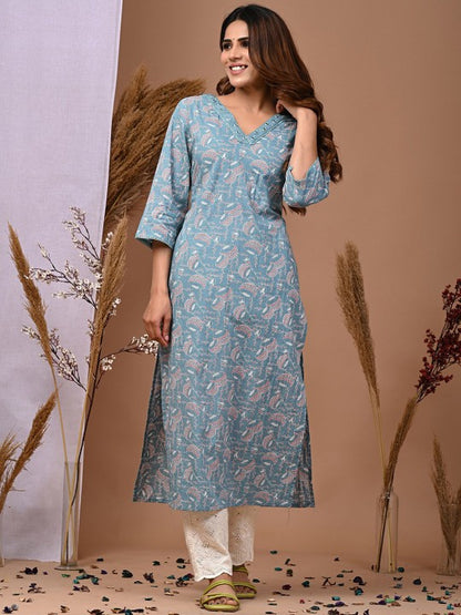 Pehraavii Women Blue Printed V-Neck Straight Kurta