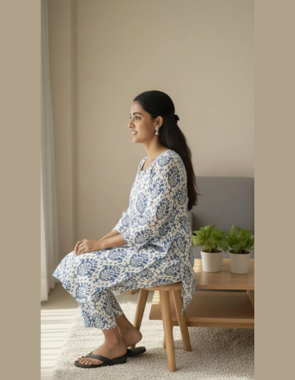 Pehraavii Women Blue & White Printed Cotton Night Suit Set