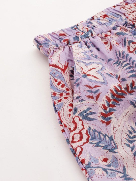 Floral fabric pattern in purple, red and white