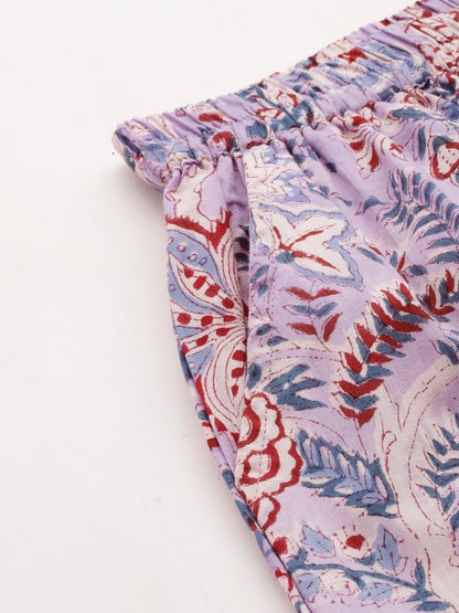 Floral fabric pattern in purple, red and white