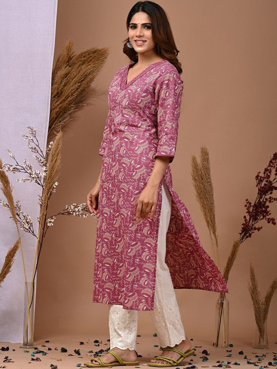 Pehraavii Women Purple Printed V-Neck Straight Kurta