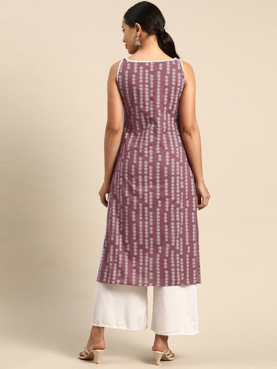 Pehraavii Women Mauve Printed Sleeveless Straight Kurta