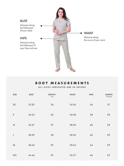 Measurement chart for women pajama sets