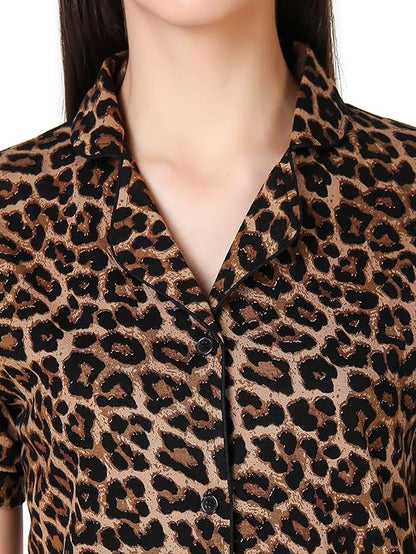 Leopard print shirt worn by a person on a white background