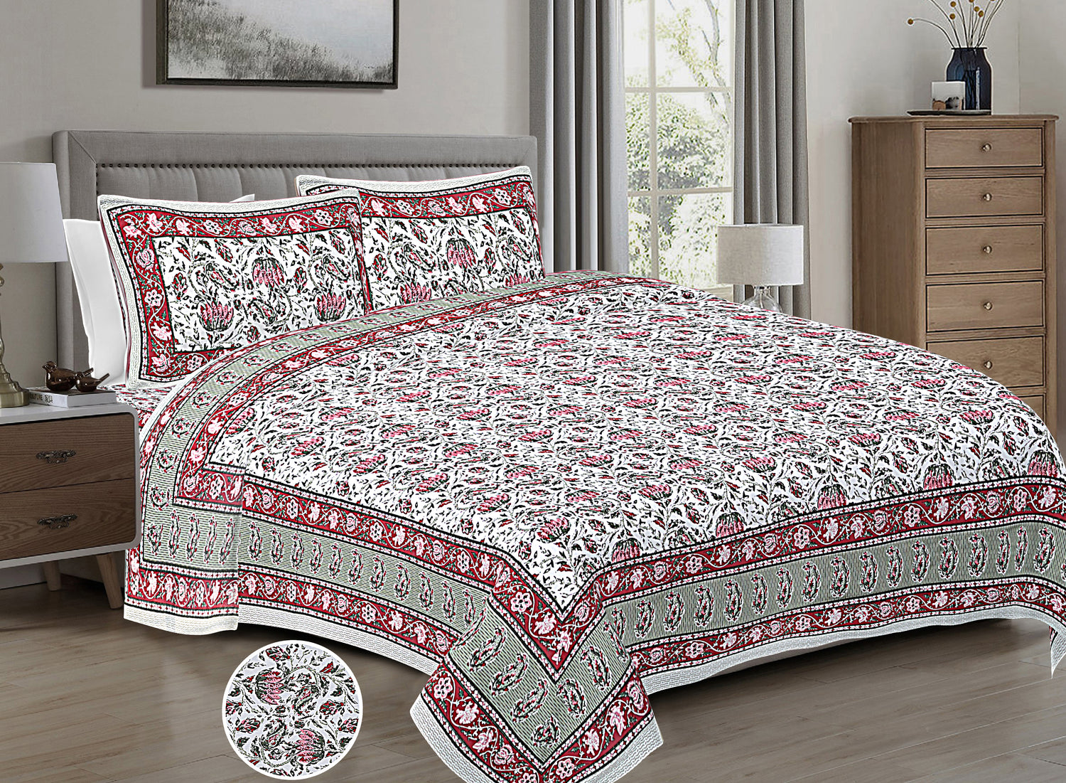 Bedding set with red and white pattern on a bed in a bedroom setting.