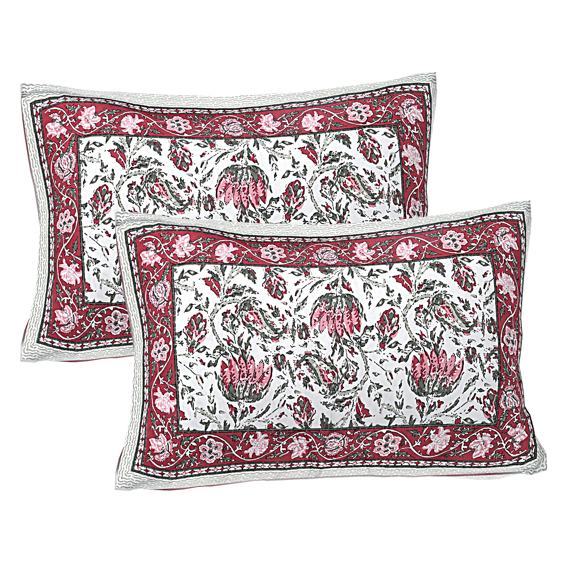 Two floral patterned pillows on a white background