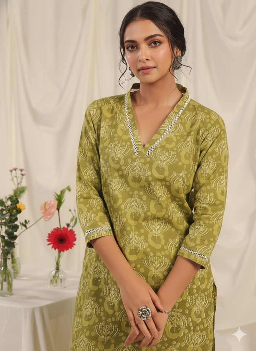 Pehraavii Women Olive Green Printed V-Neck Straight Kurta