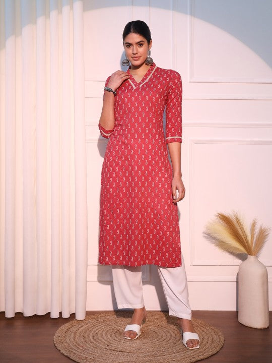 Pehraavii Women Red Printed V-Neck Straight Kurta
