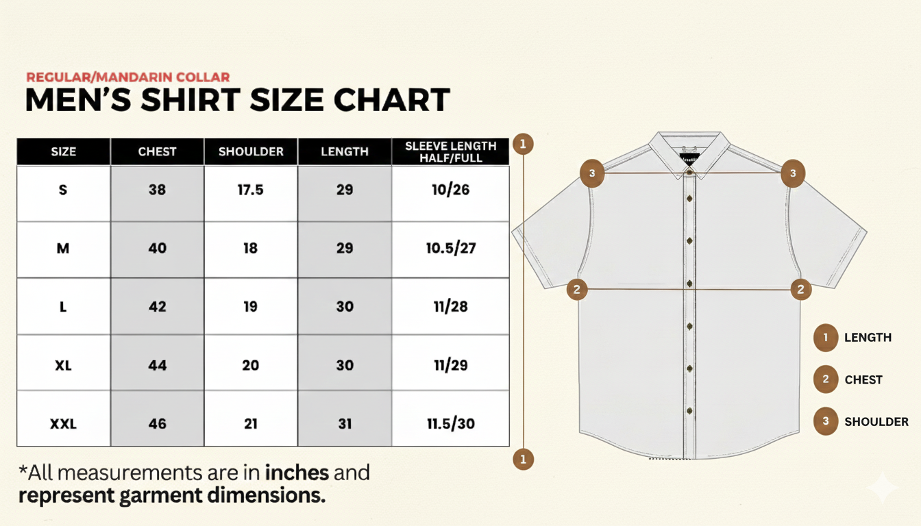 Men shirt size chart with measurements illustration