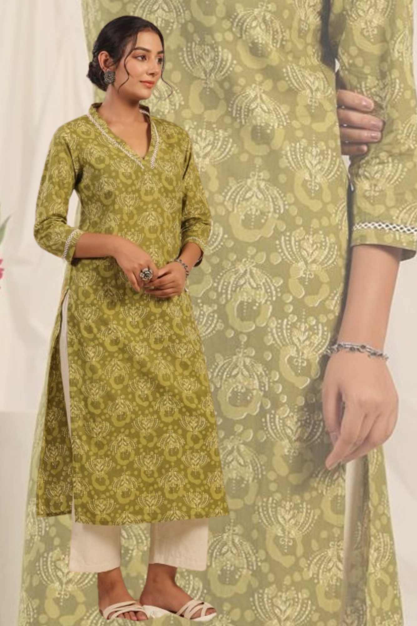 Pehraavii Women Olive Green Printed V-Neck Straight Kurta