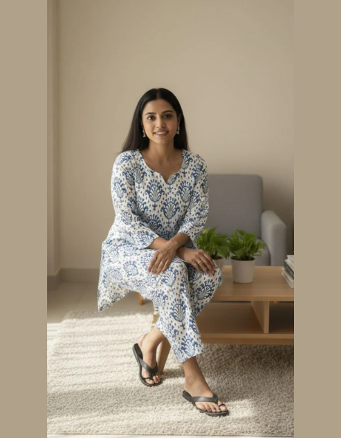 Pehraavii Women Blue & White Printed Cotton Night Suit Set