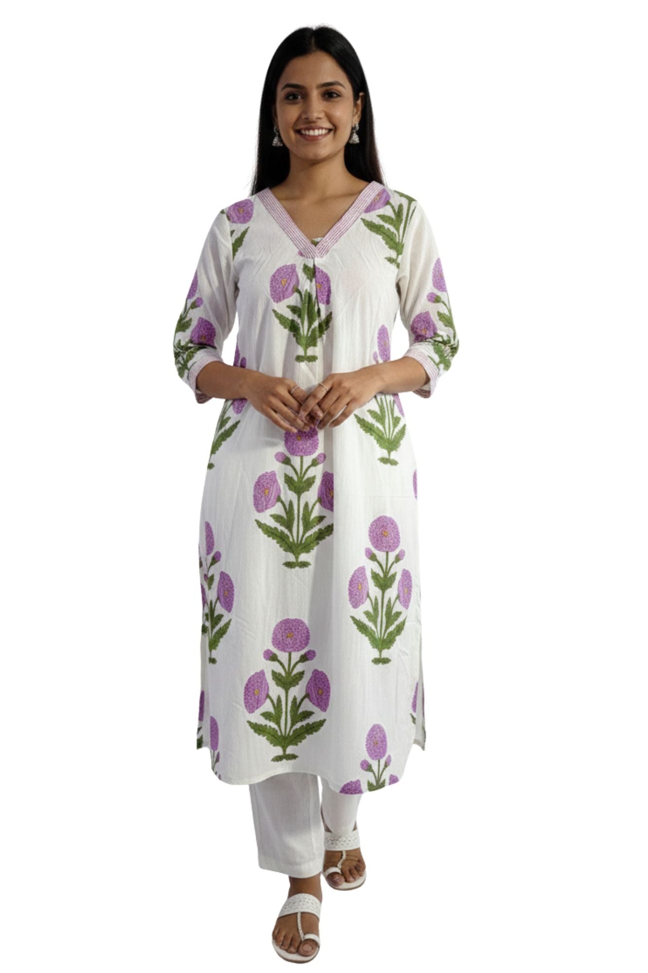 Pehraavii Women White Purple Floral Printed V-Neck Kurta