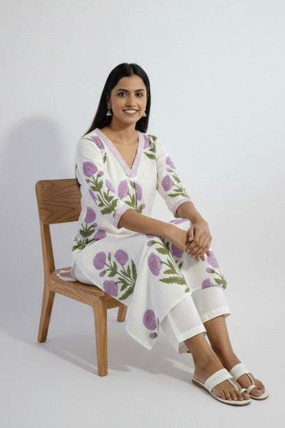 Pehraavii Women White Purple Floral Printed V-Neck Kurta