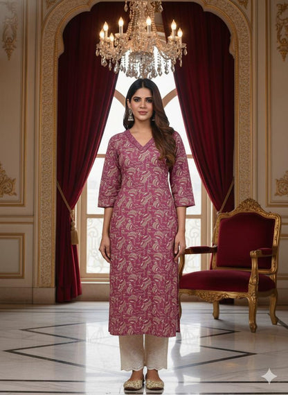 Pehraavii Women Purple Printed V-Neck Straight Kurta