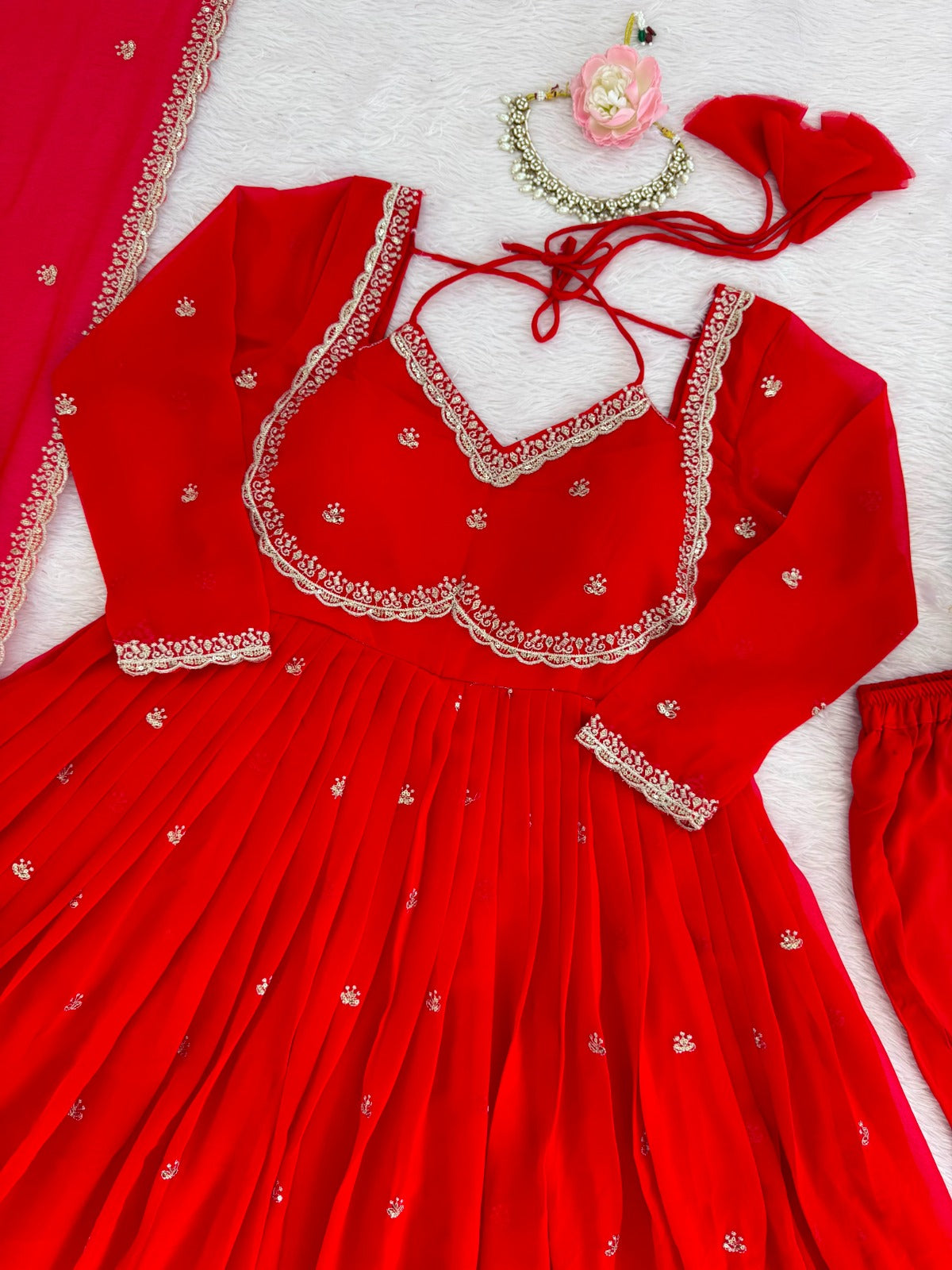 Women's Georgette Anarkali Suit Set with Dupatta & Pant | Embellished Party Wear Ethnic Dress