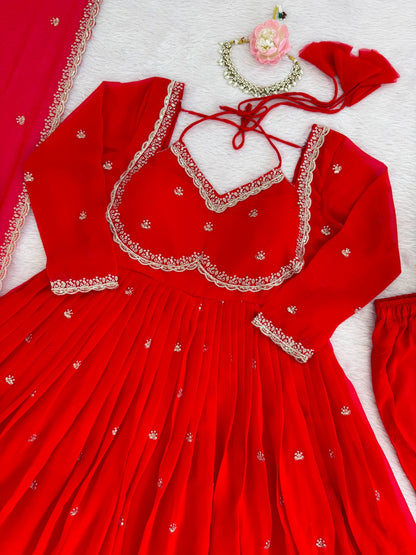 Women's Georgette Anarkali Suit Set with Dupatta & Pant | Embellished Party Wear Ethnic Dress