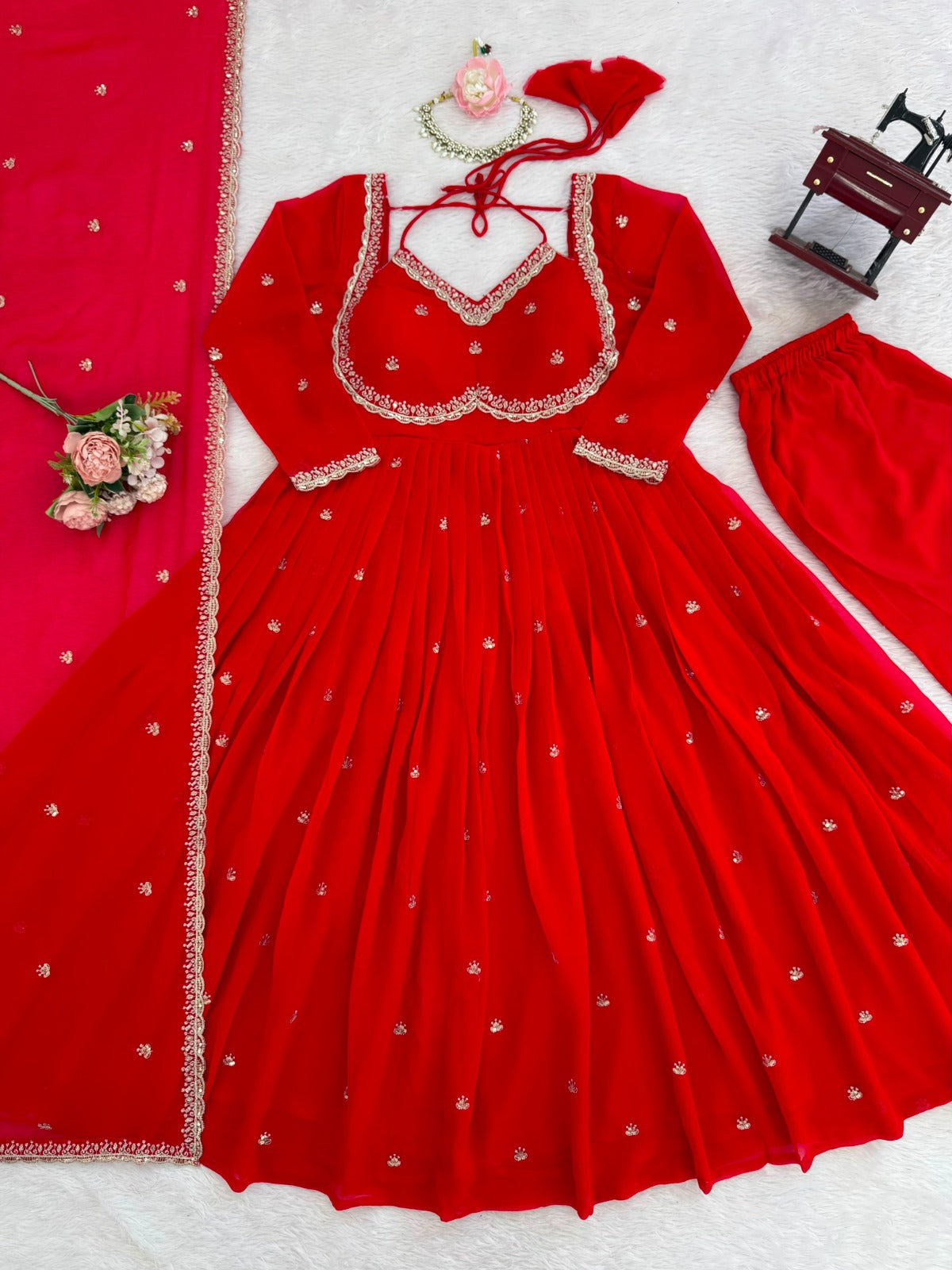 Women's Georgette Anarkali Suit Set with Dupatta & Pant | Embellished Party Wear Ethnic Dress