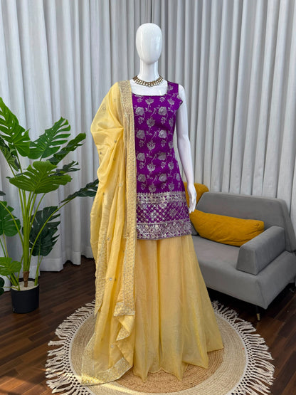 Women's Purple Banarasi Kurta Set with Yellow Palazzo & Organza Dupatta | Jacquard Ethnic Party Wear Suit