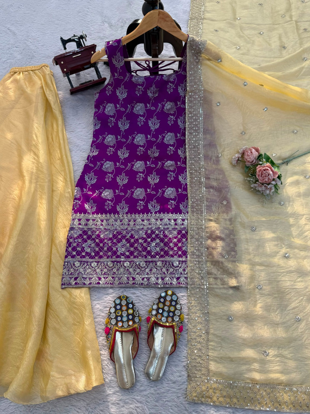 Women's Purple Banarasi Kurta Set with Yellow Palazzo & Organza Dupatta | Jacquard Ethnic Party Wear Suit