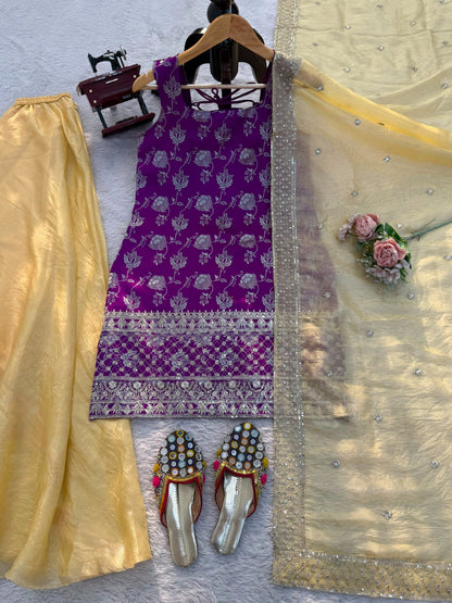 Women's Purple Banarasi Kurta Set with Yellow Palazzo & Organza Dupatta | Jacquard Ethnic Party Wear Suit