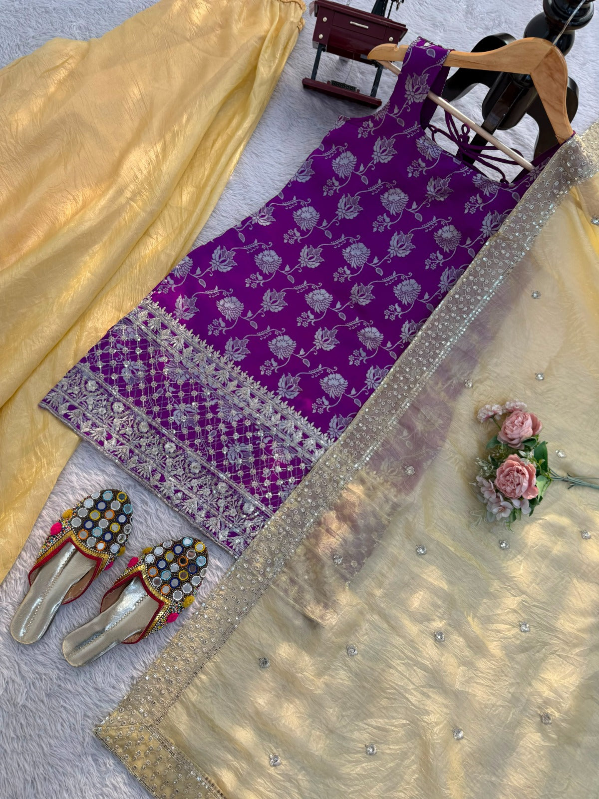 Women's Purple Banarasi Kurta Set with Yellow Palazzo & Organza Dupatta | Jacquard Ethnic Party Wear Suit