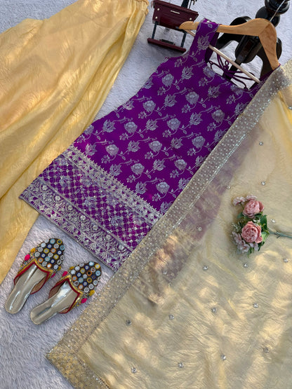 Women's Purple Banarasi Kurta Set with Yellow Palazzo & Organza Dupatta | Jacquard Ethnic Party Wear Suit