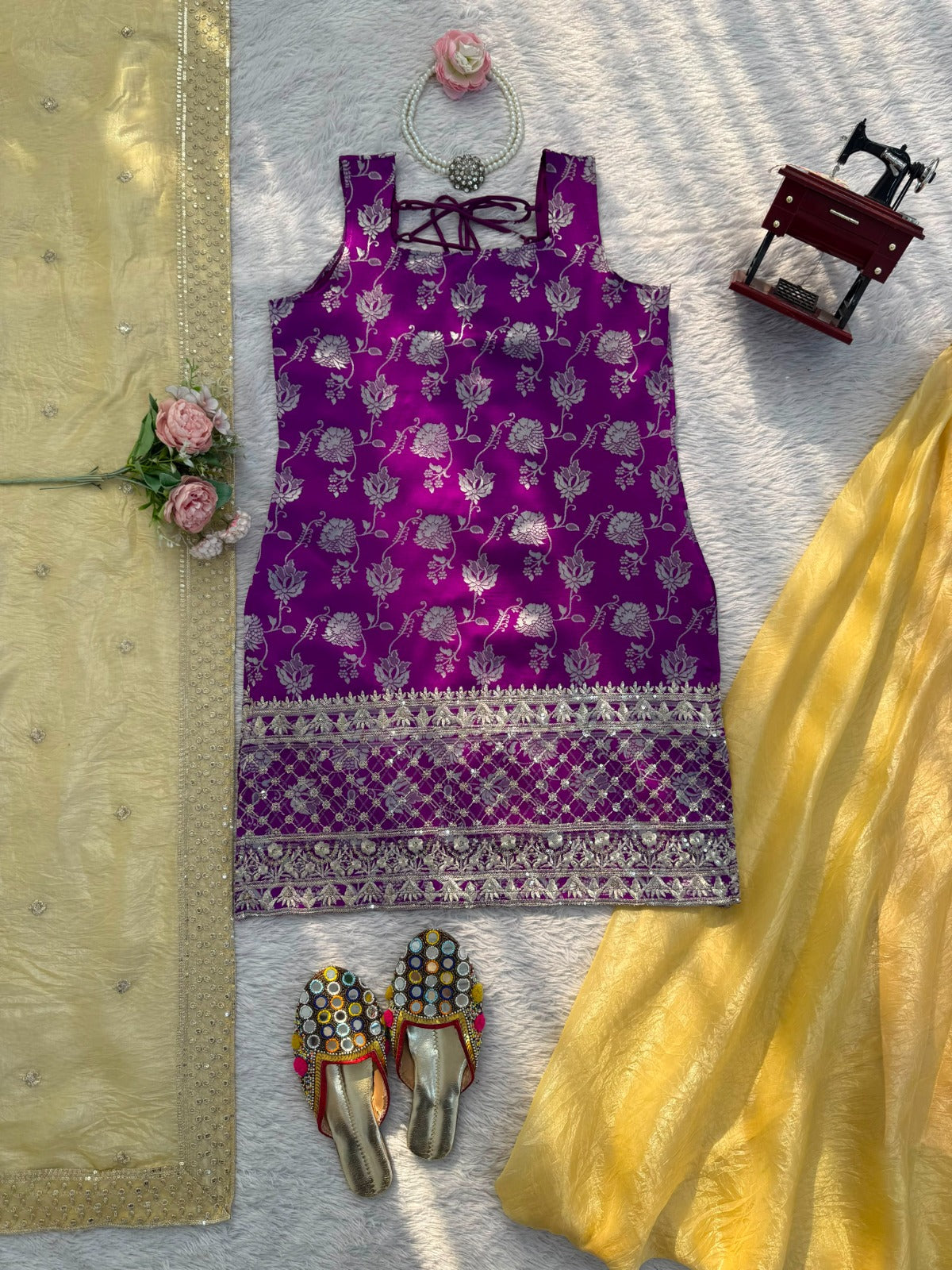 Women's Purple Banarasi Kurta Set with Yellow Palazzo & Organza Dupatta | Jacquard Ethnic Party Wear Suit