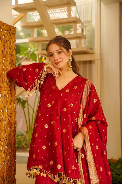 Women's Maroon Silk Blend Kurta Set with Banarasi Dupatta & Palazzo | Festive Party Wear Ethnic Suit