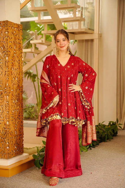 Women's Maroon Silk Blend Kurta Set with Banarasi Dupatta & Palazzo | Festive Party Wear Ethnic Suit