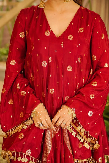 Women's Maroon Silk Blend Kurta Set with Banarasi Dupatta & Palazzo | Festive Party Wear Ethnic Suit