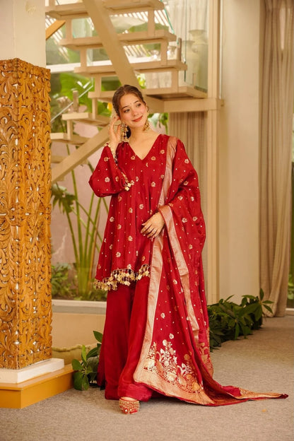Women's Maroon Silk Blend Kurta Set with Banarasi Dupatta & Palazzo | Festive Party Wear Ethnic Suit