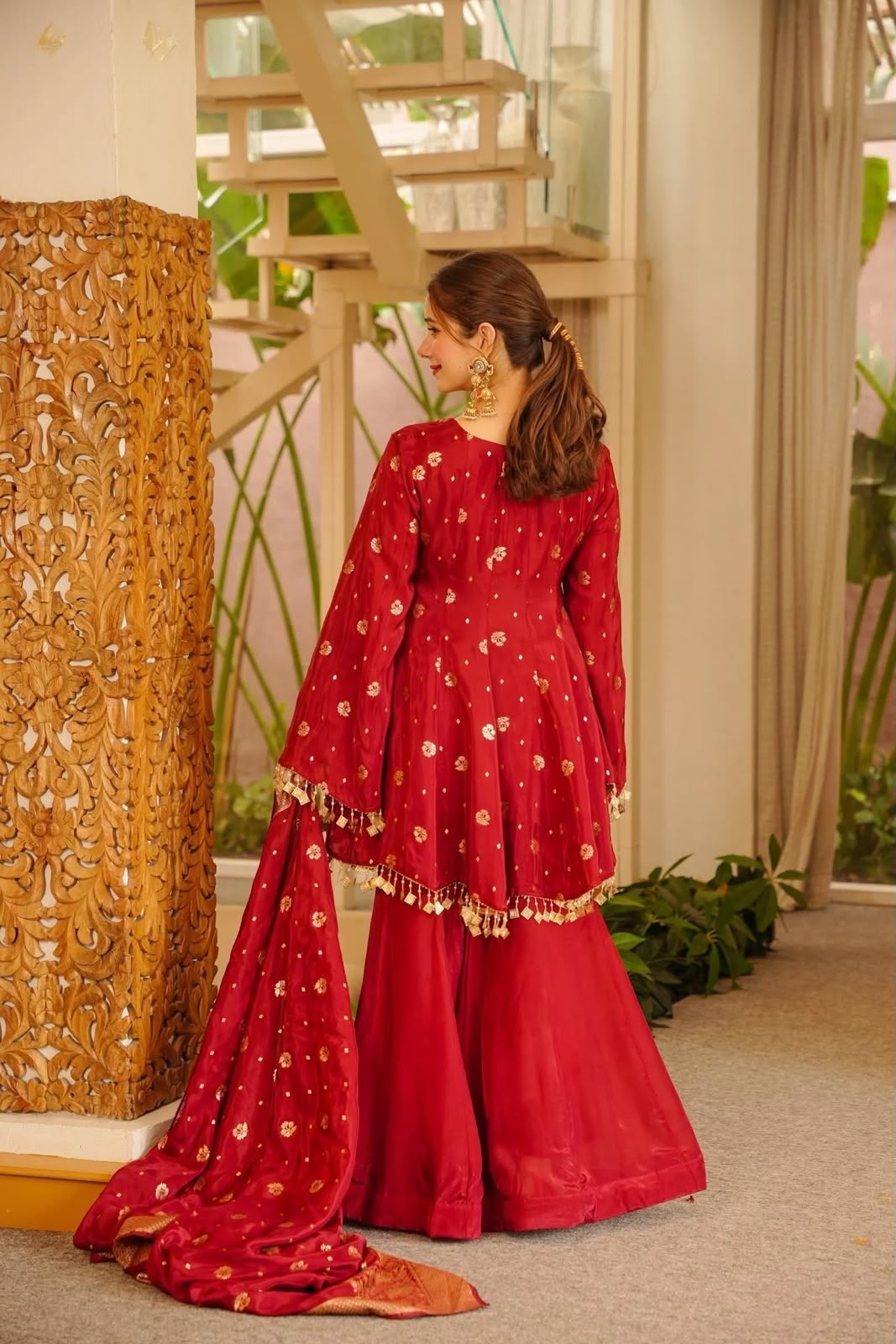 Women's Maroon Silk Blend Kurta Set with Banarasi Dupatta & Palazzo | Festive Party Wear Ethnic Suit