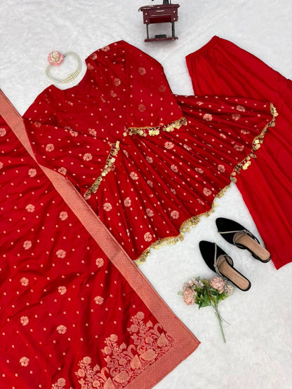 Women's Maroon Silk Blend Kurta Set with Banarasi Dupatta & Palazzo | Festive Party Wear Ethnic Suit