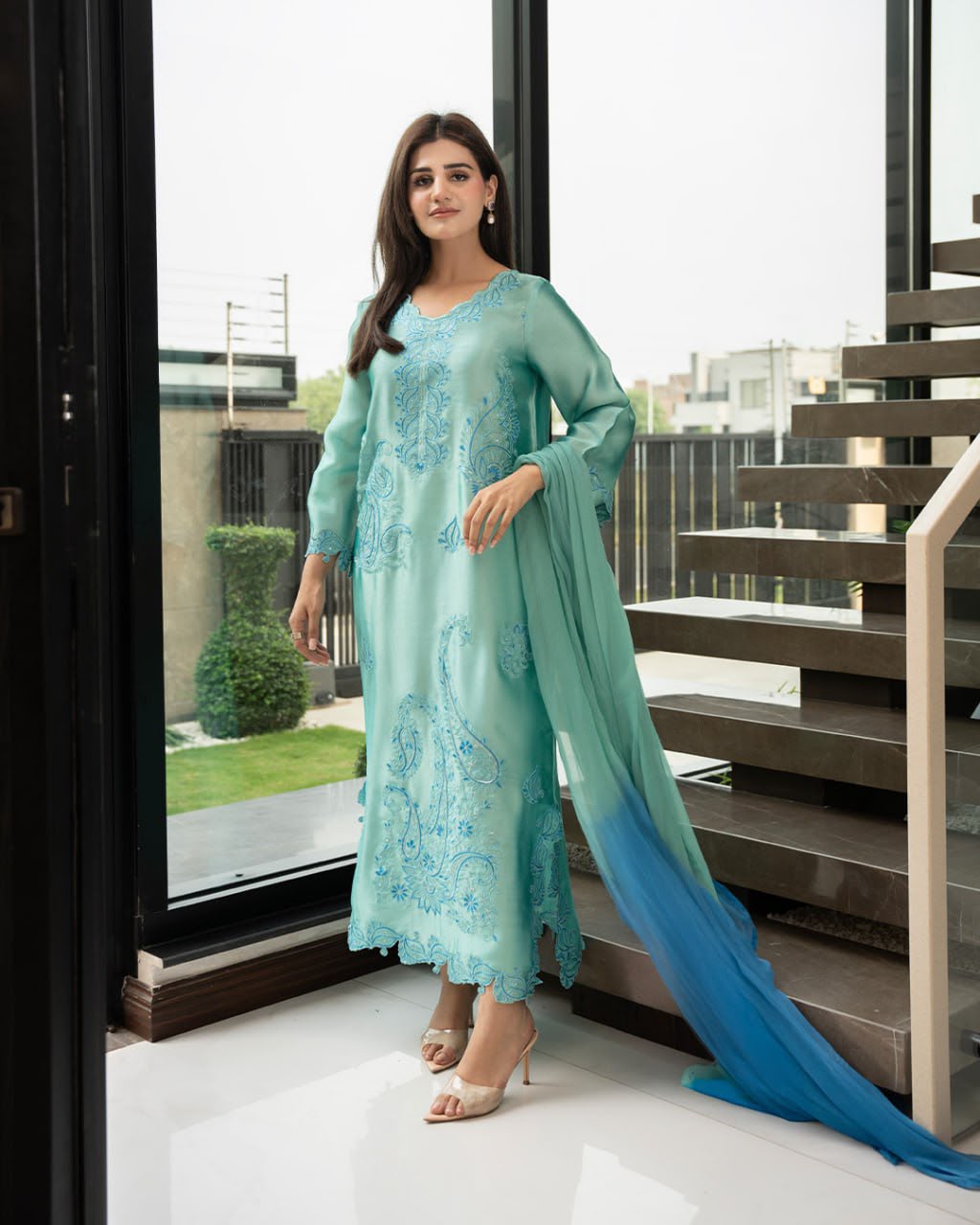 Women's Sea Green Embroidered Straight Kurta Set with Ombre Chiffon Dupatta | Elegant Party Wear Ethnic Suit