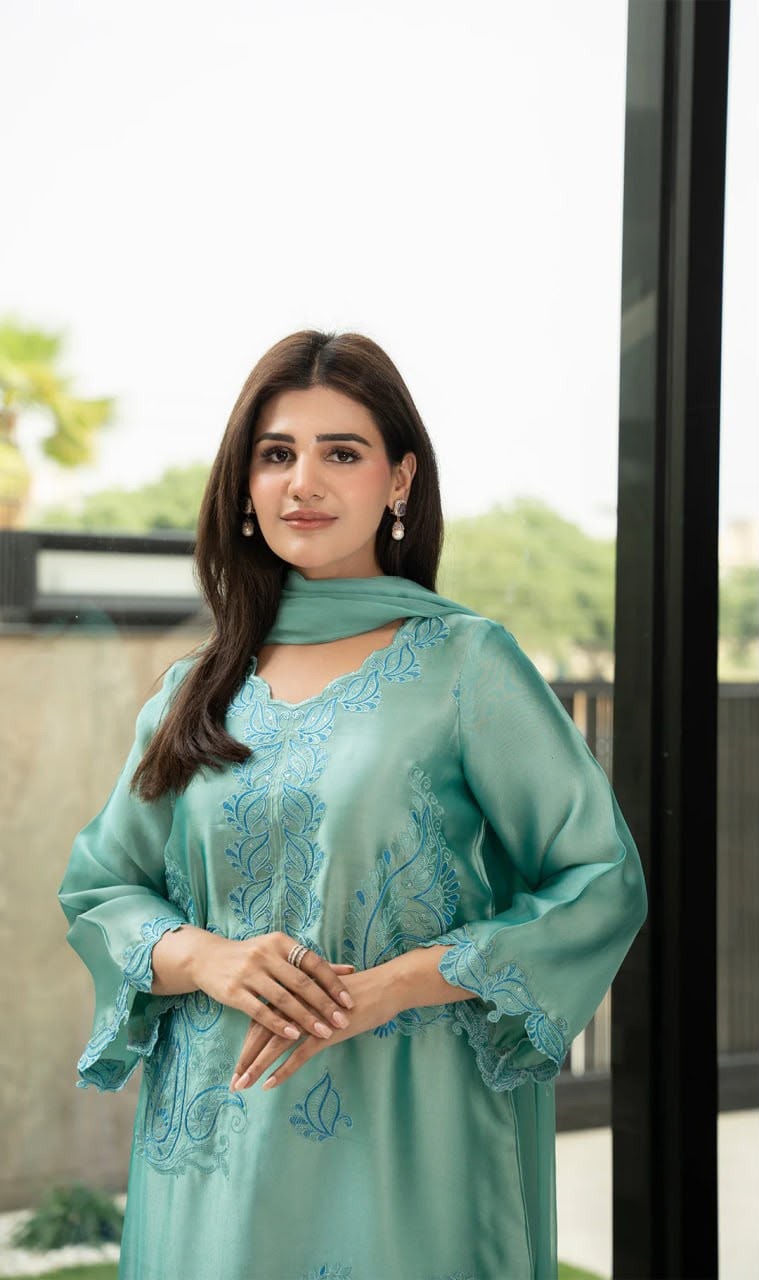 Women's Sea Green Embroidered Straight Kurta Set with Ombre Chiffon Dupatta | Elegant Party Wear Ethnic Suit