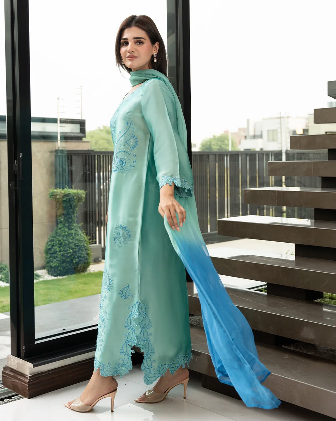Women's Sea Green Embroidered Straight Kurta Set with Ombre Chiffon Dupatta | Elegant Party Wear Ethnic Suit