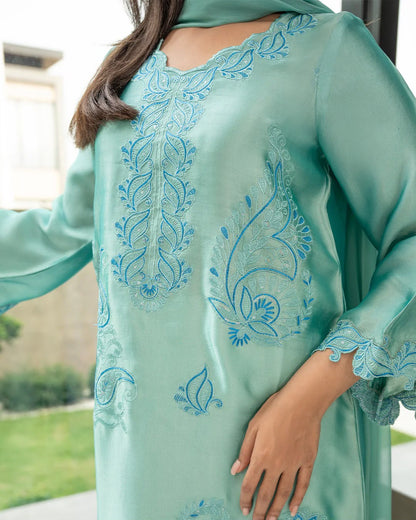 Women's Sea Green Embroidered Straight Kurta Set with Ombre Chiffon Dupatta | Elegant Party Wear Ethnic Suit