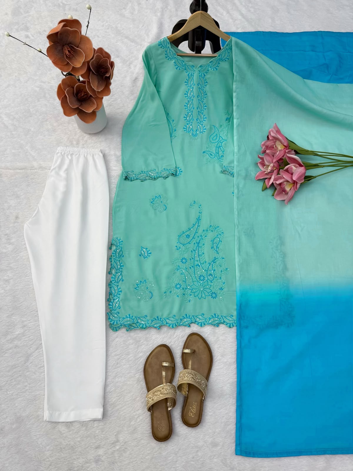 Women's Sea Green Embroidered Straight Kurta Set with Ombre Chiffon Dupatta | Elegant Party Wear Ethnic Suit