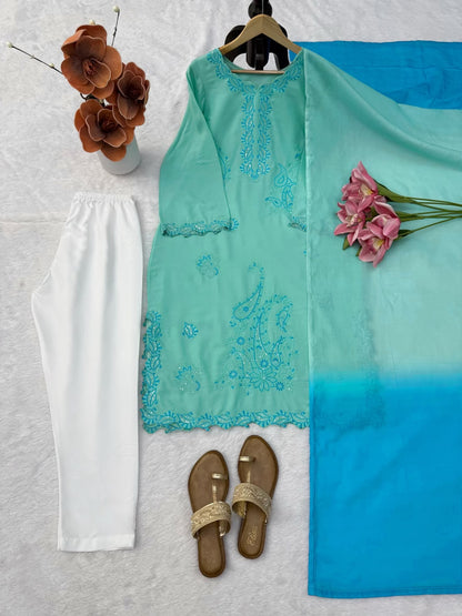 Women's Sea Green Embroidered Straight Kurta Set with Ombre Chiffon Dupatta | Elegant Party Wear Ethnic Suit